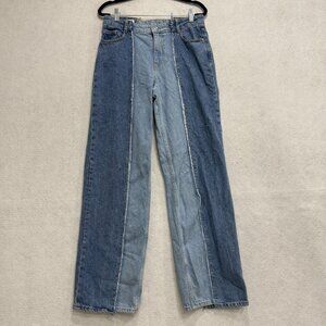 Zara Jeans Womens 4 Blue Two Tone Patchwork High Rise Wide Leg Denim Distressed